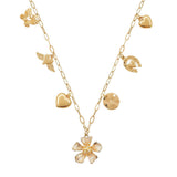 105743, FLOWER ENAMEL PAINTED ACCENT BUBBLE HEART, BUTTERFLY AND HORSESHOE MULTI CHARM NECKLACE