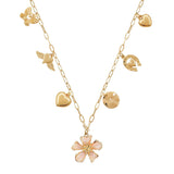 105743, FLOWER ENAMEL PAINTED ACCENT BUBBLE HEART, BUTTERFLY AND HORSESHOE MULTI CHARM NECKLACE