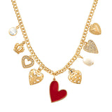 105752, HEART ENAMEL, CROWN, PAVE HEART AND PEARL HEART MULTI CHARM NECKLACE