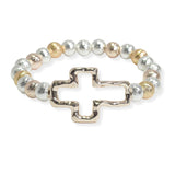 105755, CUTOUT HAMMERED CROSS BALL BEADED STRETCH BRACELET