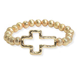 105755, CUTOUT HAMMERED CROSS BALL BEADED STRETCH BRACELET