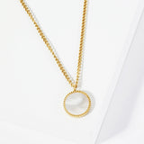 105787, WATER TARNISH RESISTANT, STAINLESS STEEL, YOUR ARE TOUGH, ROUND MOTHER OF PEARL PENDANT NECKLACE