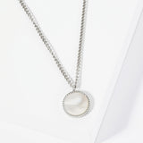 105787, WATER TARNISH RESISTANT, STAINLESS STEEL, YOUR ARE TOUGH, ROUND MOTHER OF PEARL PENDANT NECKLACE