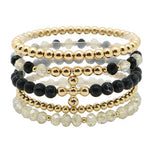 105808, CROSS BALL ACCENT SEMI PRECIOUS STONE MULTI LAYERED BEADED STRETCH BRACELET