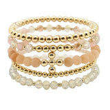 105808, CROSS BALL ACCENT SEMI PRECIOUS STONE MULTI LAYERED BEADED STRETCH BRACELET