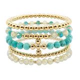 105808, CROSS BALL ACCENT SEMI PRECIOUS STONE MULTI LAYERED BEADED STRETCH BRACELET