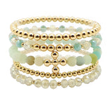 105808, CROSS BALL ACCENT SEMI PRECIOUS STONE MULTI LAYERED BEADED STRETCH BRACELET