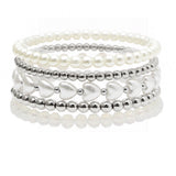 105812, HEART ACCENT PEARL, GLASS BEAD MULTI LAYERED STRETCH BRACELET