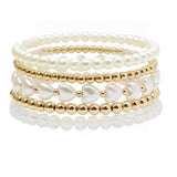 105812, HEART ACCENT PEARL, GLASS BEAD MULTI LAYERED STRETCH BRACELET
