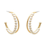 105820, 1.25" PEARL ACCENT DOUBLE LINE ROUND HOOP EARRING