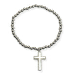 105859, CROSS CHARM STAINLESS STEEL BEADED STRETCH BRACELET