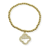 105862, HALF MICRO PAVE CLOVER CHARM STAINLESS STEEL BEADED STRETCH BRACELET