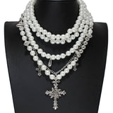 105920, ROSE CROSS CHARM 3 PIECE PEARL BEADED NECKLACE SET