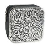 105955, WESTERN THEMED FLOWER ENGRAVED ACCENT FAUX LEATHER SQUARE JEWELRY BOX