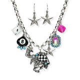 105984, WESTERN HORSE, CHECKERED LIGHTNING BOLT, ACE CARD, STAR MULTI CHARM NECKLACE