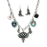 105986, WESTERN STEER HEAD, BOOTS, HANDGUN, DICE, NUMBER 8 MULTI CHARM NECKLACE