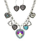 106009, WESTERN RHINESTONE HEART, TURQUOISE STONE HEART AND CUTOUT HEART MULTI CHARM NECKLACE