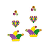 106010, MARDI GRAS THEMED, HAT, HEART STUD EARRING SET
