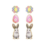 106029, EASTER THEMED FLOWER, EGG AND BUNNY RABBIT STUD EARRING SET
