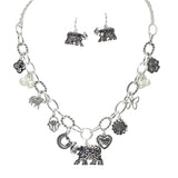 106041, ELEPHANT, HORSESHOE, FLOWER, HAMSA, CLOVER, GOOLDLUCK HEART, FRESHWATER PEARL MULTI CHARM NECKLACE