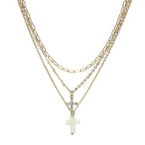 106067, MOTHER OF PEARL, PAVE CROSS CHARM MULTI LAYERED NECKLACE