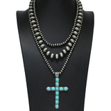 106090, 3 PIECES, WESTERN THEMED, TURQUOISE CROSS WITH NAVAJO BEADED NECKLACE SET