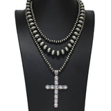 106090, 3 PIECES, WESTERN THEMED, RHINESTONE CROSS WITH NAVAJO BEADED NECKLACE SET