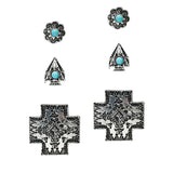 106117, 3 PAIRS, WESTERN THEMED, ENGRAVED CROSS STUD EARRING SET
