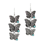 106124, WESTERN THEMED, TRIPLE BUTTERFLY DANGLE EARRING