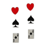 106126, 3 PAIRS, WESTERN THEMED, POKER CARD, HEART, SPADE, ACE STUD EARRING SET