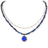 106151, GEOMETRIC CHARM WITH AGATE STONE BEADED DOUBLE LAYERED NECKLACE