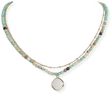 106151, GEOMETRIC CHARM WITH AGATE STONE BEADED DOUBLE LAYERED NECKLACE