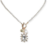 106152, GEOMETRIC RHINESTONE , FRESHWATER PEARL CHARM TOGGLE BEADED NECKLACE