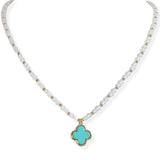 106153, SEMI PRECIOUS STONE CLOVER CHARM WITH BEADED NECKLACE