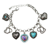 106225, WESTERN THEMED RHINESTONE HEART, TURQUOISE, HEART, CUTOUT HEART MULTI CHARM BRACELET
