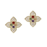 106262, 14K GOLD PLATED, FLOWER CLOVER CUBIC ZIRCONIA ACCENT STUD EARRING