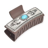106266, WESTERN THEMED, OVAL TURQUOISE ACCENT ENGRAVED RECTANGULAR GRANDER HAIR CLAW