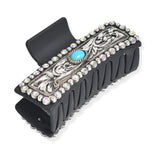 106267, WESTERN THEMED, OVAL TURQUOISE ACCENT FLOWER VINE ENGRAVED RECTANGULAR GRANDER HAIR CLAW