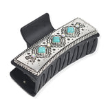 106268, WESTERN THEMED, TURQUOISE ACCENT ENGRAVED RECTANGULAR GRANDER HAIR CLAW