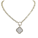 106345, 14K GOLD PLATED, CLOVER PAVE CUBIC ZIRCONIA CHARM DESIGNER INSPIRED NECKLACE