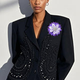 106351, FABRIC FLOWER WITH PEARL, CRYSTAL RHINESTONE ACCENT BROOCH PIN CLIP