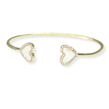 106355, 14K GOLD PLATED, HEART MOTHER OF PEARL, PAVE CUBIC ZIRCONIA DESIGNER INSPIRED CUFF BRACELET