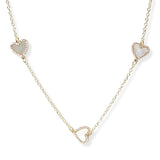 106367, 14K GOLD PLATED, TRIPLE HEART MOTHER OF PEARL, PAVE CUBIC ZIRCONIA DESIGNER INSPIRED NECKLACE