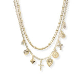106400, HEART, CROSS, COIN, CLOVER TEARDROP, PAVE MULTI CHARM LAYERED NECKLACE