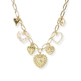 106407, TEXTURED HEART, PEARL HEART, CUTOUT HEART MULTI CHARM NECKLACE