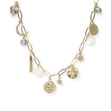 106410, COIN, PAVE CRESCENT MOON, STAR MULTI CHARM NECKLACE