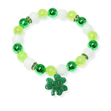 106427, ST. PATRICKS DAY GLITTER CLOVER CHARM BEADED STRETCH BRACELET