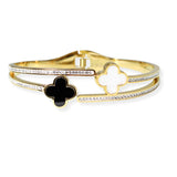 106446, CLOVER ACCENT PAVE CRYSTAL RHINESTONE STAINLESS STEEL BANGLE BRACELET