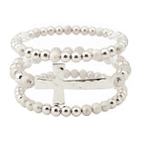 106471, HAMMERED CROSS MULTI LAYERED BEADED STRETCH BRACELET