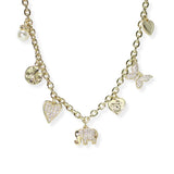 106503, 14K GOLD PLATED, ELEPHANT, HEART, BUTTERFLY, CLOVER, PEARL PAVE CUBIC ZIRCONIA MULTI CHARM NECKLACE